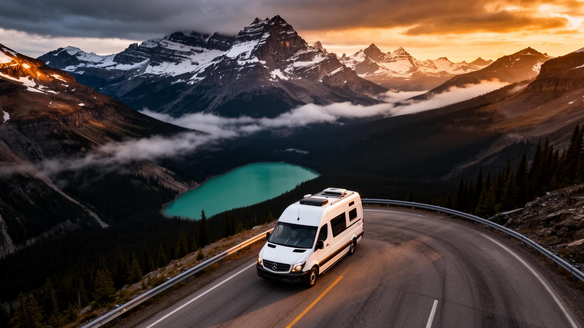Camper van driving through the Canadian Rockies at golden hour